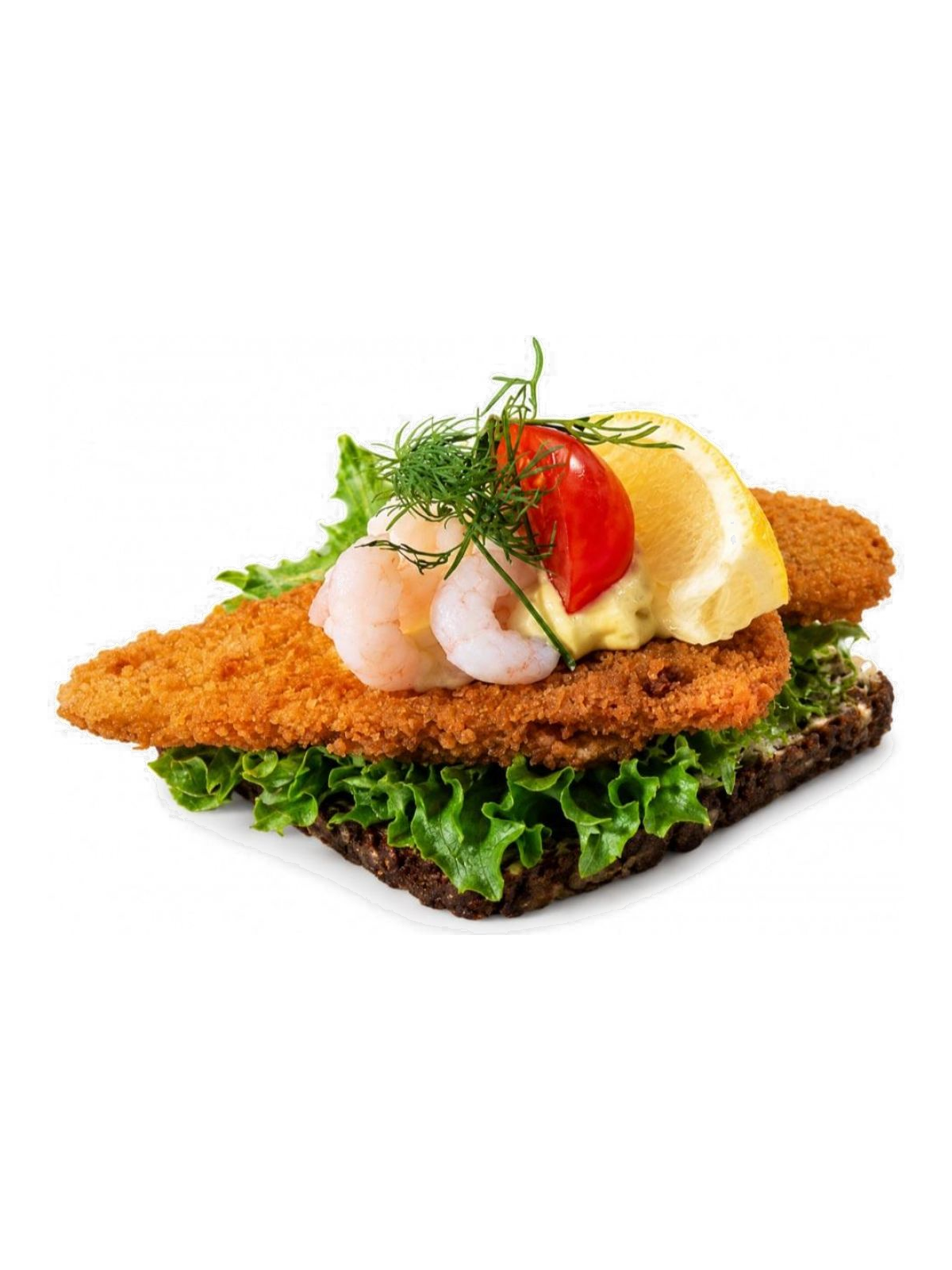 Fiskefilet med rejer, remoulade og citron på rugbrød