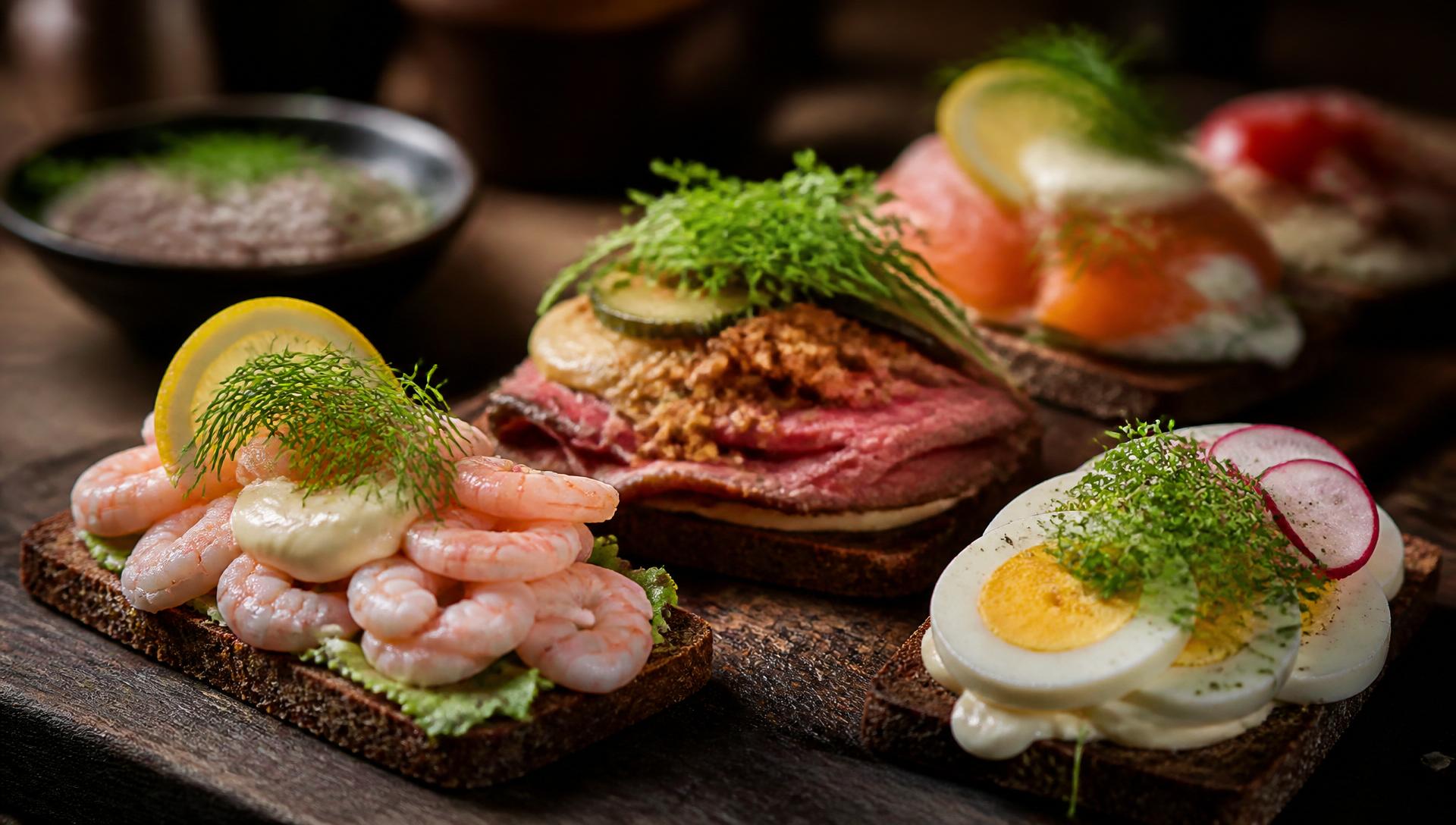 Dansk smørrebrød med rejer, roastbeef og æg på rugbrød